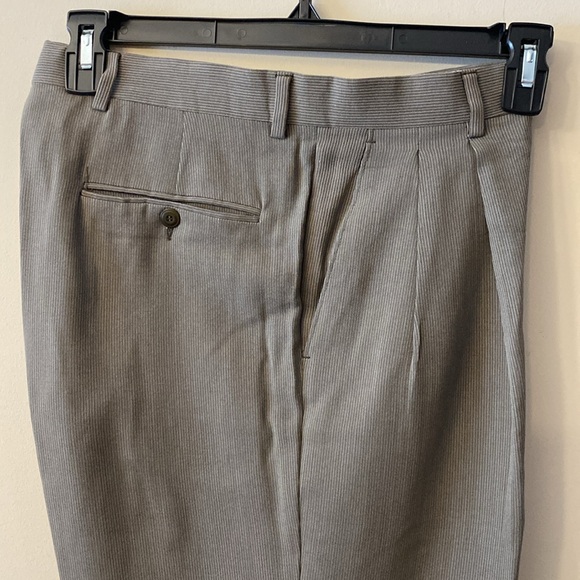 Bachrach Parker pinstriped pleaded wool dress pants light olive 33